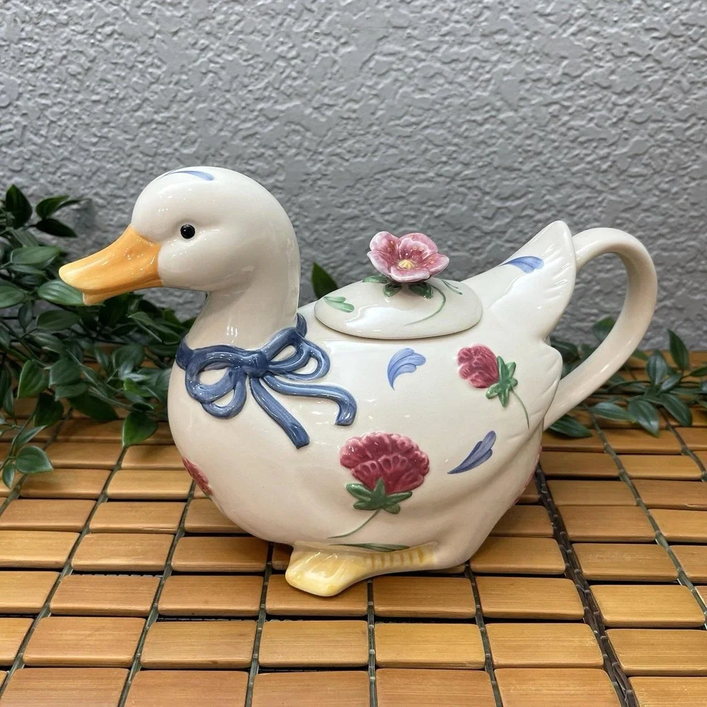 Vintage Lenox Poppies on Blue Barnyard Duck Teapot 1998 Retired Cottagecore 6.5
